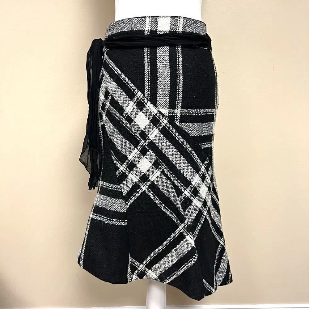 Mango wool blend plaid skirt with sash belt Size 4/6